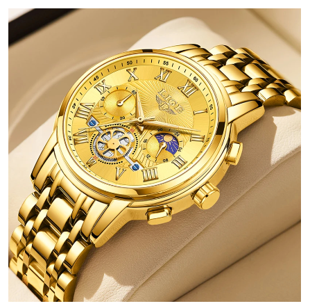 LIGE Business Waterproof Watch Men Fashion Military Quartz Stainless Luxury Sports Full Calendar Chronograph Watch ALL GOLD