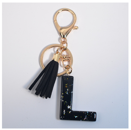 Black A-Z 26 Letter Key Chain Fashion Star Sequin Filled Initials Keyrings For Women Bag Ornaments Charm Car Key Holder Gifts I