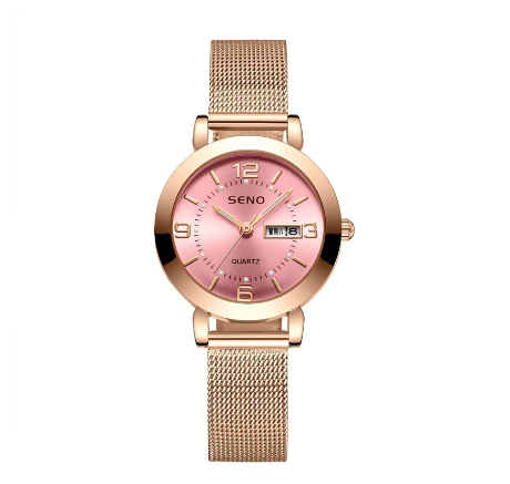 Seno Quartz Watches for Women Wristwatch Waterproof Calendar Stainless Steel Elegant Ladies Watch Female PINK STEEL