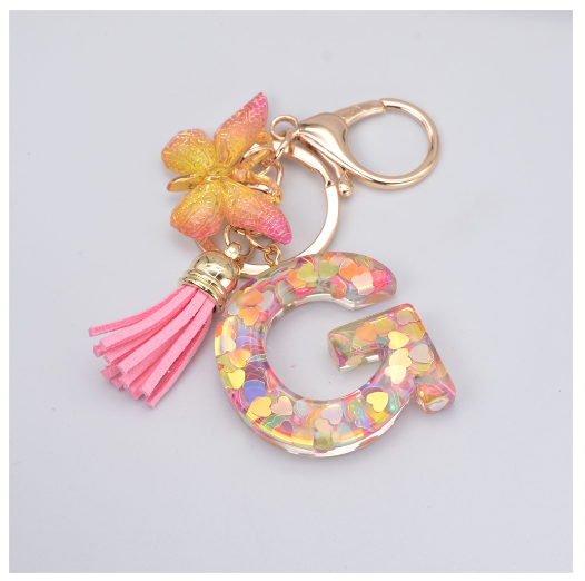 Exquisite 26 Letter Resin Keychain with Pink Tassel Gradient Butterfly Pendant Key Ring Women Bag Ornaments Accessories G
