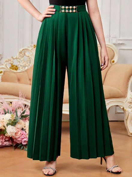 SHEIN Teen Girls' Woven Chain Decorated Pleated Wide Leg Pants