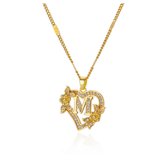 Zircon Stainless Steel Heart Flower Letter Necklaces For Women Gold Color A-Z Letter Heart Necklace M