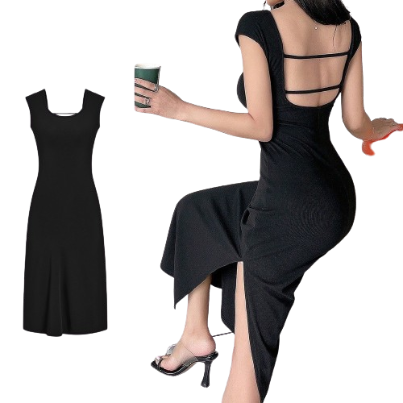 Lovito Women Split Back Backless Dress L68ED173 (Black)