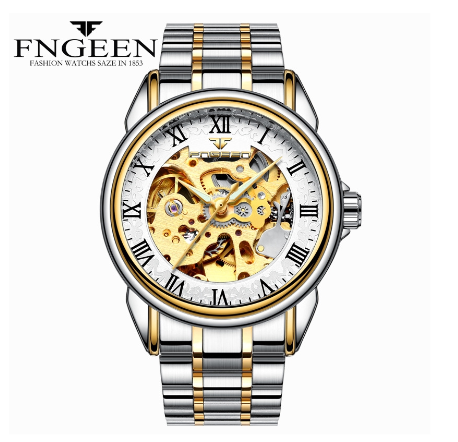 FNGEEN 8866 Men's Automatic Mechanical Watch SILVER GOLD WHITE