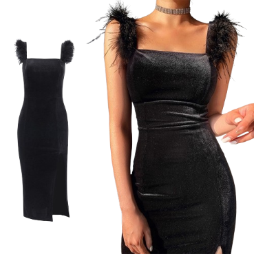 Lovito Women Glamorous Plain Feather Dress LNL36035 (Black)