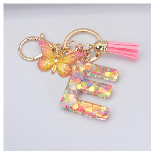 Exquisite 26 Letter Resin Keychain with Pink Tassel Gradient Butterfly Pendant Key Ring Women Bag Ornaments Accessories E