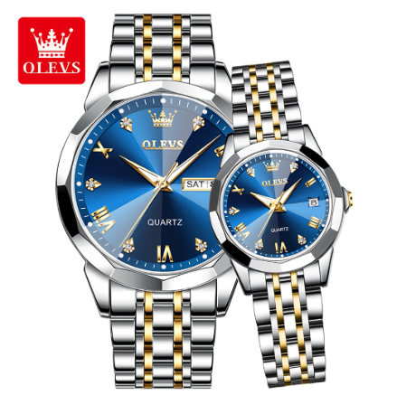Olevs New Couple Watch Waterproof Original With Box Fashion Calendar Luminous Stainless Steel Luminous Luxury Quartz Wrist Watch BLUE DIAL TWO TONE