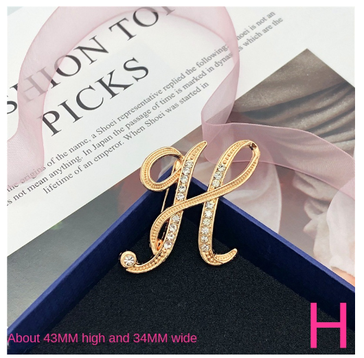 Letter Brooch Korean Version Rhinestone Atmospheric and Elegant Brooch Alloy Inlaid Diamond Temperament Brooch H