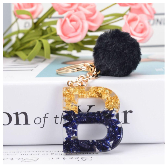 Lanfy Black Pompom Letter Keychain 26 Letter Initials Alphabet A To Z 26 Alphabet Keyring Cute A To Z 26 Black Pompom Resin Birthday Gifts B