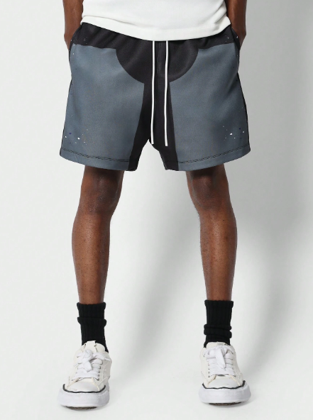 SUMWON Drop Crotch Carpenter Detail Colour Blocked Short With Paint Print