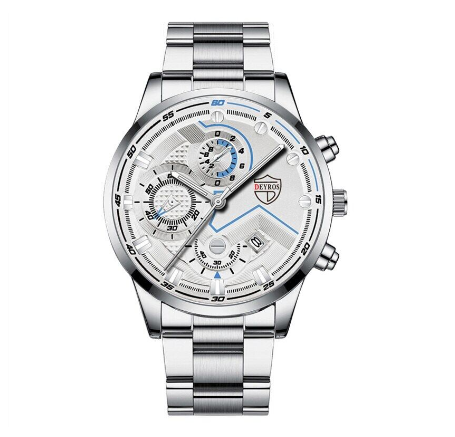 Chrono Mens Watches Quartz Business Wacthes Men Stainless Steel Three Eyes Sports Waterproof Wristwatch SILVER WHITE