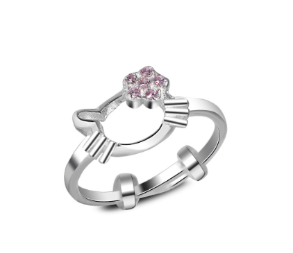 Italy Sterling Silver Kitty Child Stone Adjustable Ring
