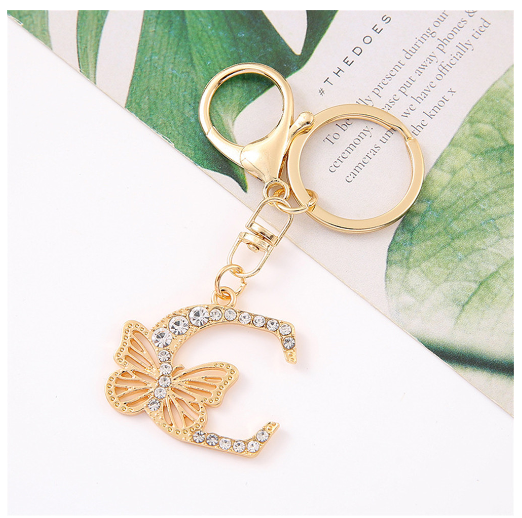 1Pcs Fashion Hollow Butterfly 26 Letter Keychains Luxury Rhinestone A-Z Initials Metal Keyrings Car Key Holder Bag Accessories C