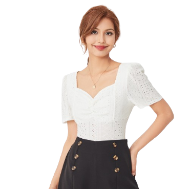 Lovito Elegant Plain Square Neck Puff Sleeve Eyelet Embroidery BreathableT-Shirt L27ED088 (Off White)