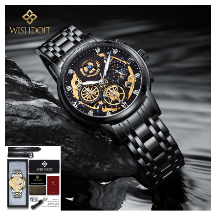 WISHDOIT Watch for Men Original Waterproof Stainless Steel Multifunction Chronograph Calendar Luminous Business Fashion Watch  ALL BLACK