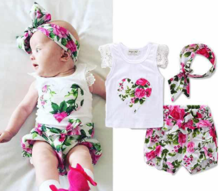 Baby Girl Pink Flower Prints Summer Floral 3 Piece Set