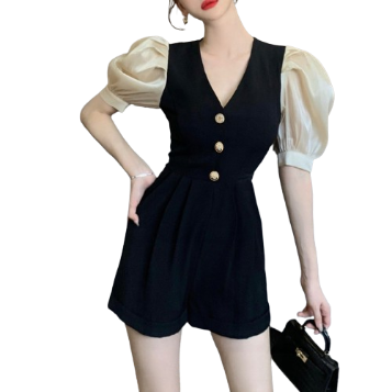 Lovito Women Elegant Plain Button Colorblock Jumpsuit LNE36108 (Black)