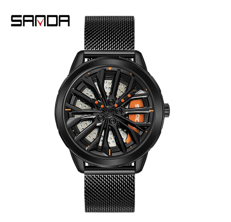 Sanda Fashion Pioneer Car Lover Cool Spinning Hub Racing Style Quartz Watch Style Luxury Watch BLACK MESH STRAP