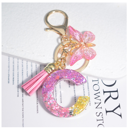 Glitter Sequin Filled 26 Letter Keychain With Tassel Exquisite Butterfly A-Z Alphabet Keyrings Women Bag Pendant Ornaments Gifts C