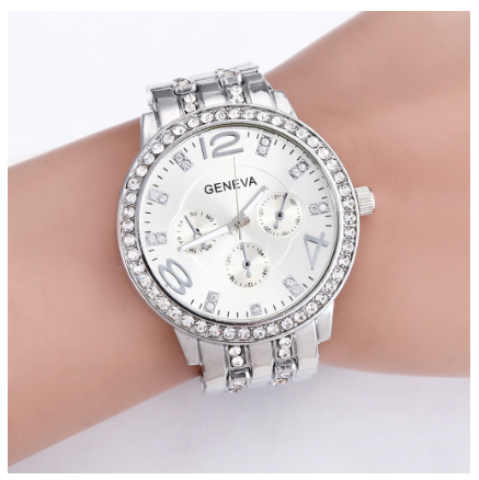 Geneva Quartz Watch Fashion Casual Diamond Full Diamond Luxury High-end Men's and Women's Business Steel Band SILVER