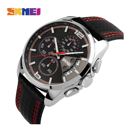 Skmei Quartz Watch Men Leather Strap Waterproof Watch RED