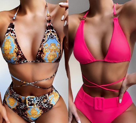 Women High Waist Stripe Print Bikini Set