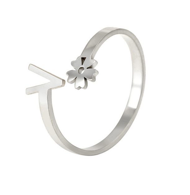 Stainless Steel A-Z Letter Ring For Women Girl Flower 26 Initial Name Adjustable Ring Trendy Birthday Jewelry Gift V