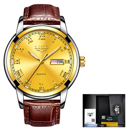 LIGE Watch For Couple Original Waterproof Stainless Steel Silver/Gold Fashion Business Trend Calendar Luminous Watches LEATHER GOLD BROWN