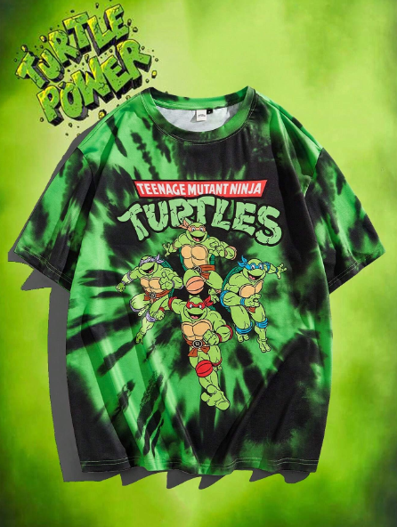 TEENAGE MUTANT NINJA TURTLES X SHEIN Men's Loose Fit Tie-Dye Knitted Short Sleeve T-Shirt With Cartoon And Letter Print