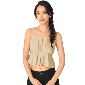 Lovito Women Casual Plain Pleated Tank Top L71ED063 (Light Khaki)