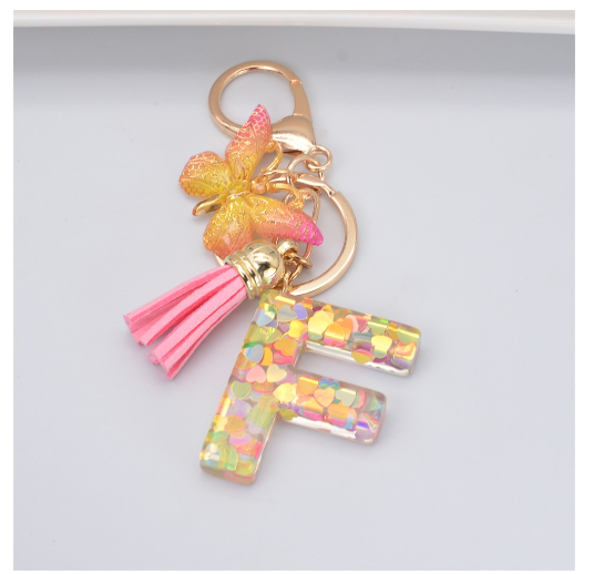 Exquisite 26 Letter Resin Keychain with Pink Tassel Gradient Butterfly Pendant Key Ring Women Bag Ornaments Accessories F