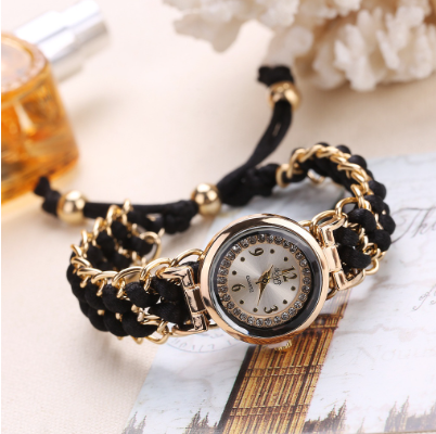 Women Rhinestone Braided Rope Bracelet Watch Quartz Analog Watch