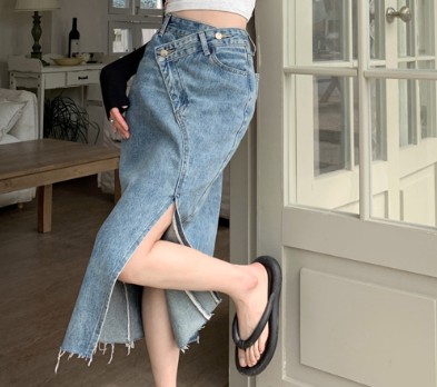 Lovito Casual Plain Split Zipper Pencil Midi Denim Skirts for Women LNE09203 Blue