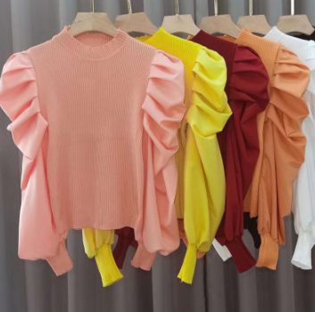Korean Slim Puff Sleeve Blouse Women Long Sleeve Splicing Knitted Tops