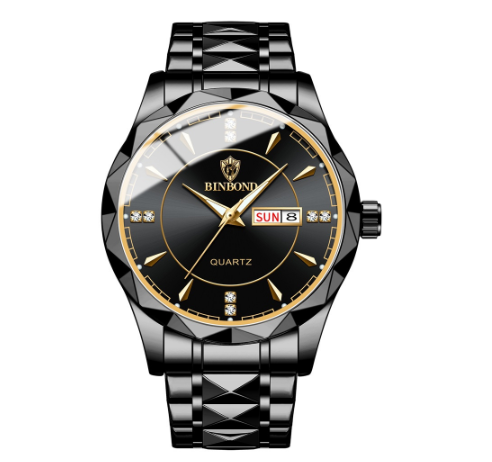 Binbond Fashion Luxury Stainless Steel Waterproof Men Unique Business Watch Dual Calendar Gold Luminous Quartz Wrist Watch M009