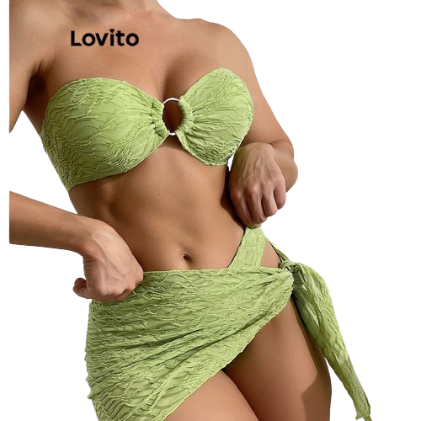 Lovito Women Sexy Plain Metal Bikini Sets LNL36103 (Green)