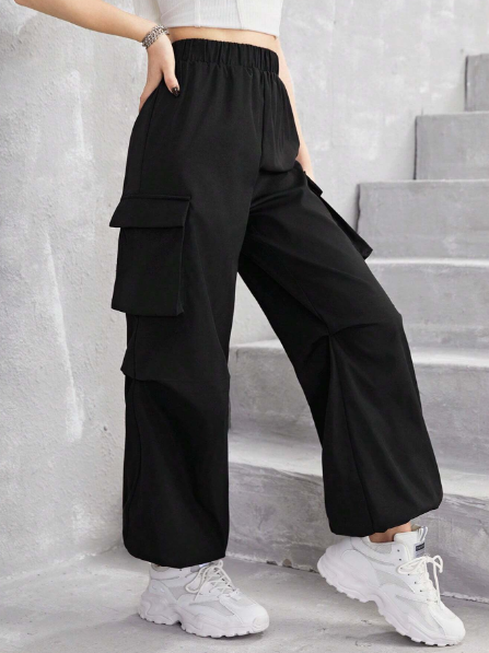 SHEIN Teen Girl Woven Plain Workwear Pocketed Loose Fit Casual Jogger Pants