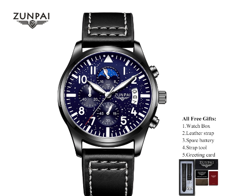 WISHDOIT Watch for Men Original Waterproof Leather Strap Business Sun Moon Star Multifunction Calendar Luminous Fashion Trend Watch BLACK BLUE