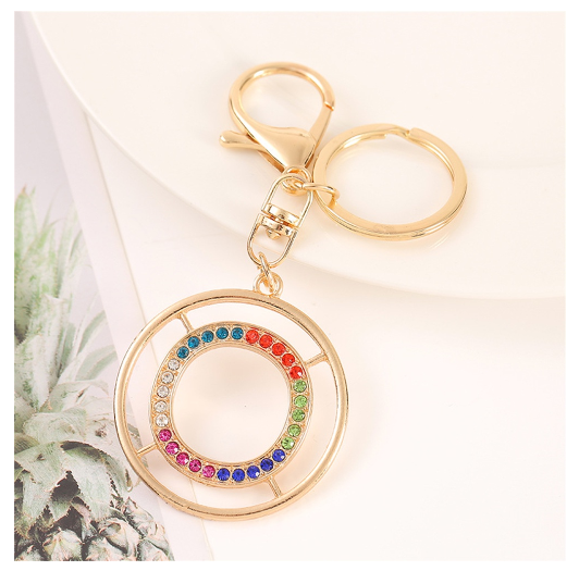 Colorful Rhinestone A-Z Letter Keychain Hollow Round Initials Alloy Keyring Bag Pendant Ornament DIY Accessories Charms Gift O