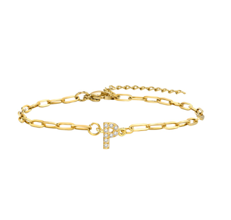Vnox 18K Gold Zircon Initial Bracelet,Letter Charm Link Stainless Steel Flat Cross Bracelet P
