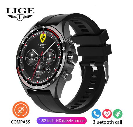 LIGE New GPS Smart Watch Men Outdoor Compass Sport Fitness Bracelet Bluetooth Call Clock Waterproof Steel Smartwatch SILICONE BLACK