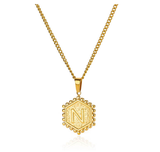 Fashion Hexagon A-Z Letter Necklaces For Women Stainless Steel Initial Hexagon Pendant Necklace N