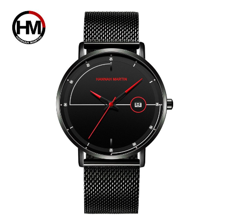 Hannah Martin Mens Watch Simple Design Quartz Watches Stainless Steel Mesh Ultra-Thin Calendar Wristwatch RED