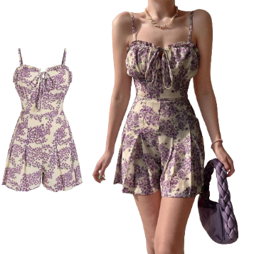 Lovito Women Boho Ditsy Floral Lettuce Trim Lace Up Jumpsuit L80ED350