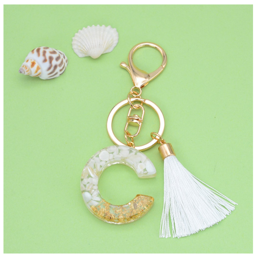 1Pc Gold Tassel Alphabet Keychain English Letter Keyring Glitter Gradient Resin Gold Leaf Crafts Car Mirror Handbag Charms C