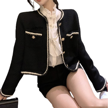 Lovito Women Elegant Patchwork Button Front Pocket Jacket LNA41060 (Black)