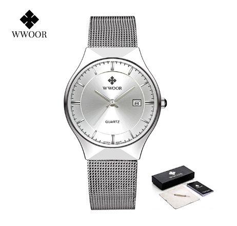 Wwoor Luxury Ultra Thin Men Quartz Wristwatch Waterproof Casual Sports Mesh Steel Gold Automatic Date Watch FULL SILVER