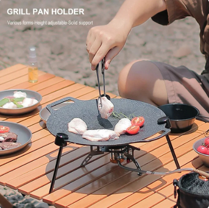 Non-Stick Barbecue Plate Bracket Korean Round Non-Stick Grill Pot Rack Portable Adjustable Metal with Chain for Outdoor Camping