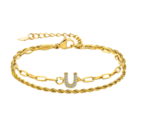 Vnox Letter Double Layer Braelet,18K Gold Fried Twistsed Paper Clip Zirconia Initial Stainless Steel Chain Link for Women U