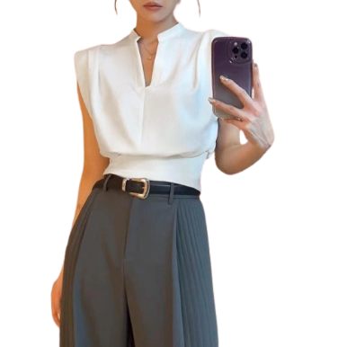 Lovito Casual Plain Pleated V Neck Sleeveless Crop Tops for Women L53AD013 (White)
